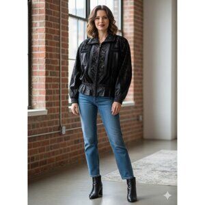 Vintage 80s ADA Leather Jacket Floral Mixed media Brocade Suede Bomber Small